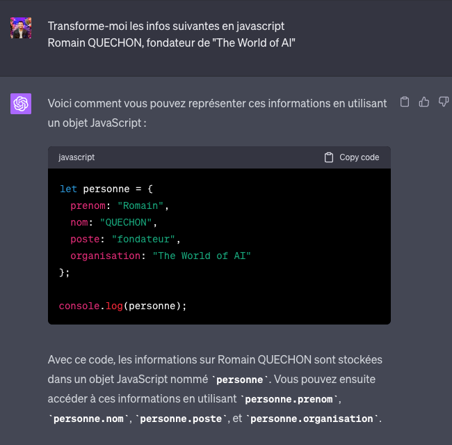 ChatGPT représente les informations d'une personne sous forme d'objet JavaScript, avec l'explication des propriétés