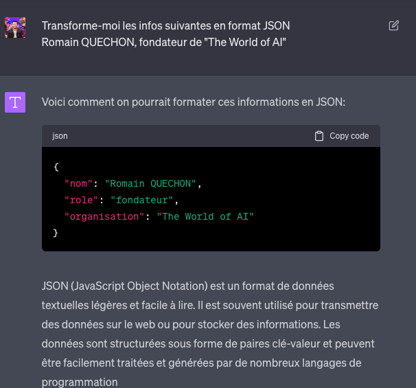 ChatGPT formate le nom, le rôle et l'organisation d'une personne en objet JSON, suivi d'une définition du format JSON