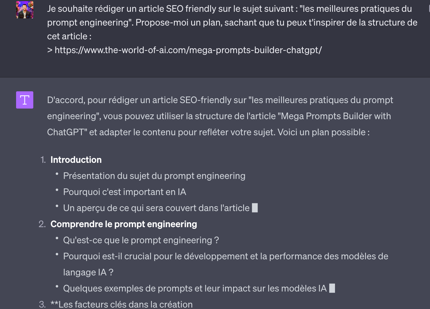 Prompt demandant à ChatGPT un plan d'article SEO en s'inspirant d'une page existante, et le plan détaillé proposé