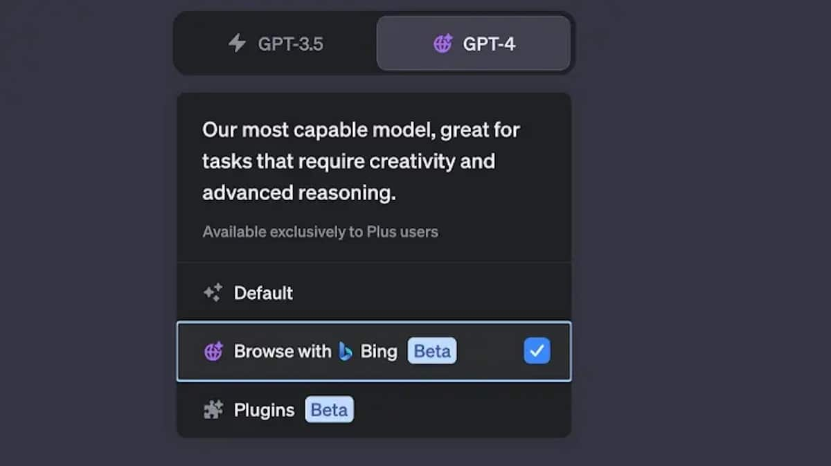 Menu de sélection du modèle GPT-4 dans ChatGPT, avec l'option de navigation web via Bing cochée parmi les modes bêta