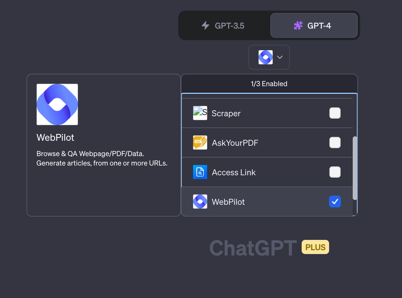Sélection du plugin WebPilot dans ChatGPT Plus avec GPT-4, parmi d'autres plugins comme Scraper, AskYourPDF et Access Link