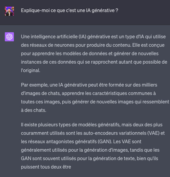 Conversation ChatGPT où une question courte sur l'IA générative obtient une réponse longue et générique