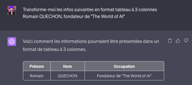 ChatGPT transforme des informations sur une personne en tableau à trois colonnes : prénom, nom et occupation