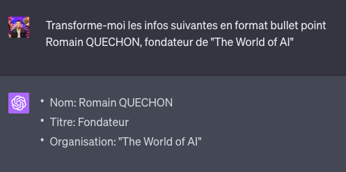 ChatGPT reformate les mêmes informations sur une personne en liste à puces avec son nom, son titre et son organisation