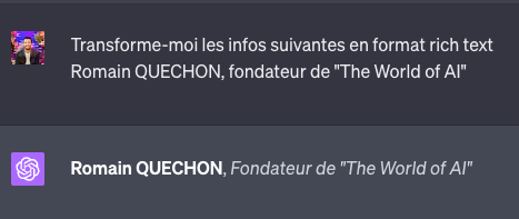 ChatGPT restitue le nom et la fonction d'une personne en texte enrichi, avec le nom en gras et la fonction en italique