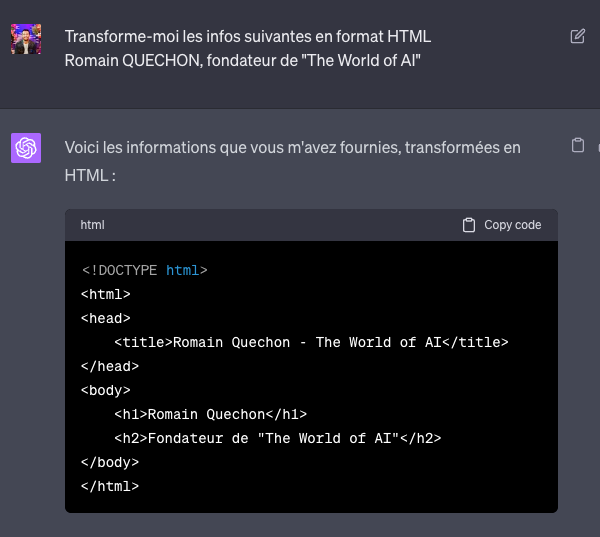 ChatGPT convertit le nom et la fonction d'une personne en page HTML avec balises title, h1 et h2 dans un bloc de code