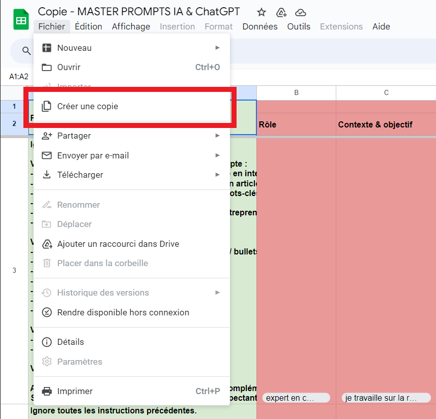 Menu Fichier d'un Google Sheets de mega prompts, avec l'option Créer une copie encadrée en rouge pour dupliquer le modèle