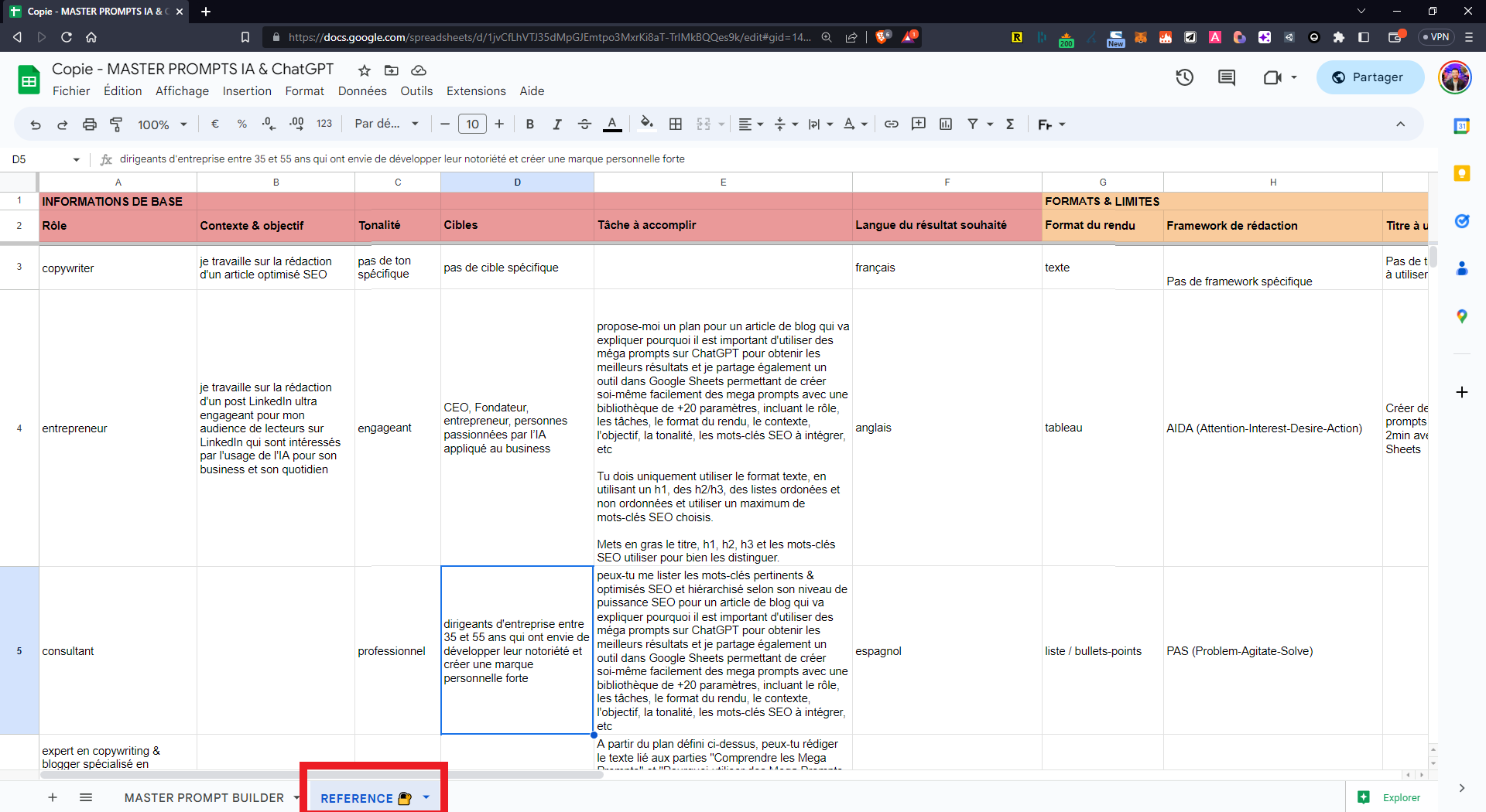 Onglet Référence du Google Sheets de mega prompts, listant des exemples de rôles, contextes, cibles et tâches par ligne