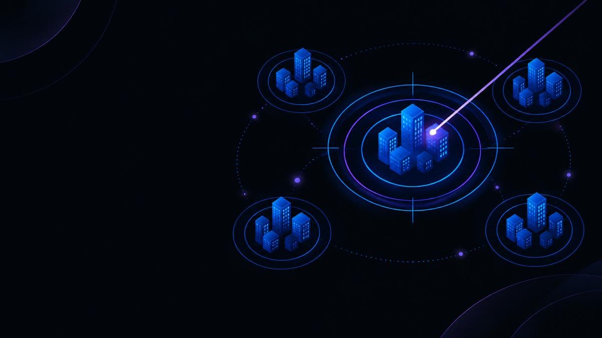 Groupes de comptes abstraits ciblés par des cercles bleus pour illustrer une stratégie ABM précise